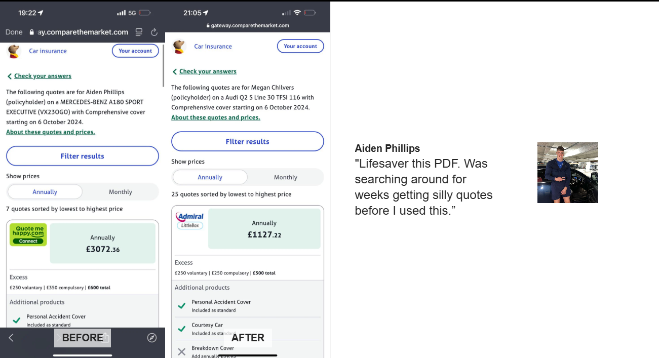Aiden Phillips's insurance quote comparison showing before and after using UK Insurance Hacks